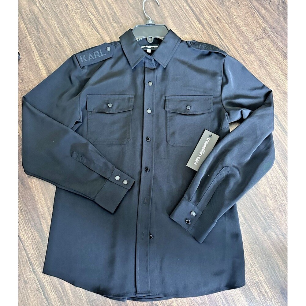 KARL LAGERFELD PARIS Women's Epaulette Button Up Shirt Deep Black Size XS